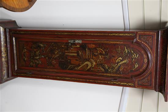 Edward Woodward of London. An early 18th century red chinoiserie lacquered eight day longcase clock, 7ft 3in.